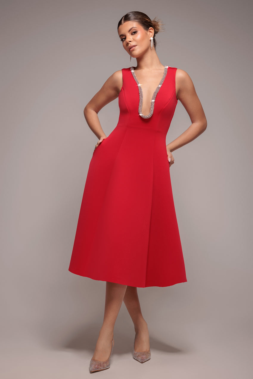Diamante Embellished Neck A-Line Midi Dress - Red DR4599