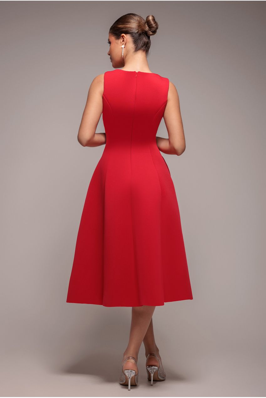 Diamante Embellished Neck A-Line Midi Dress - Red DR4599