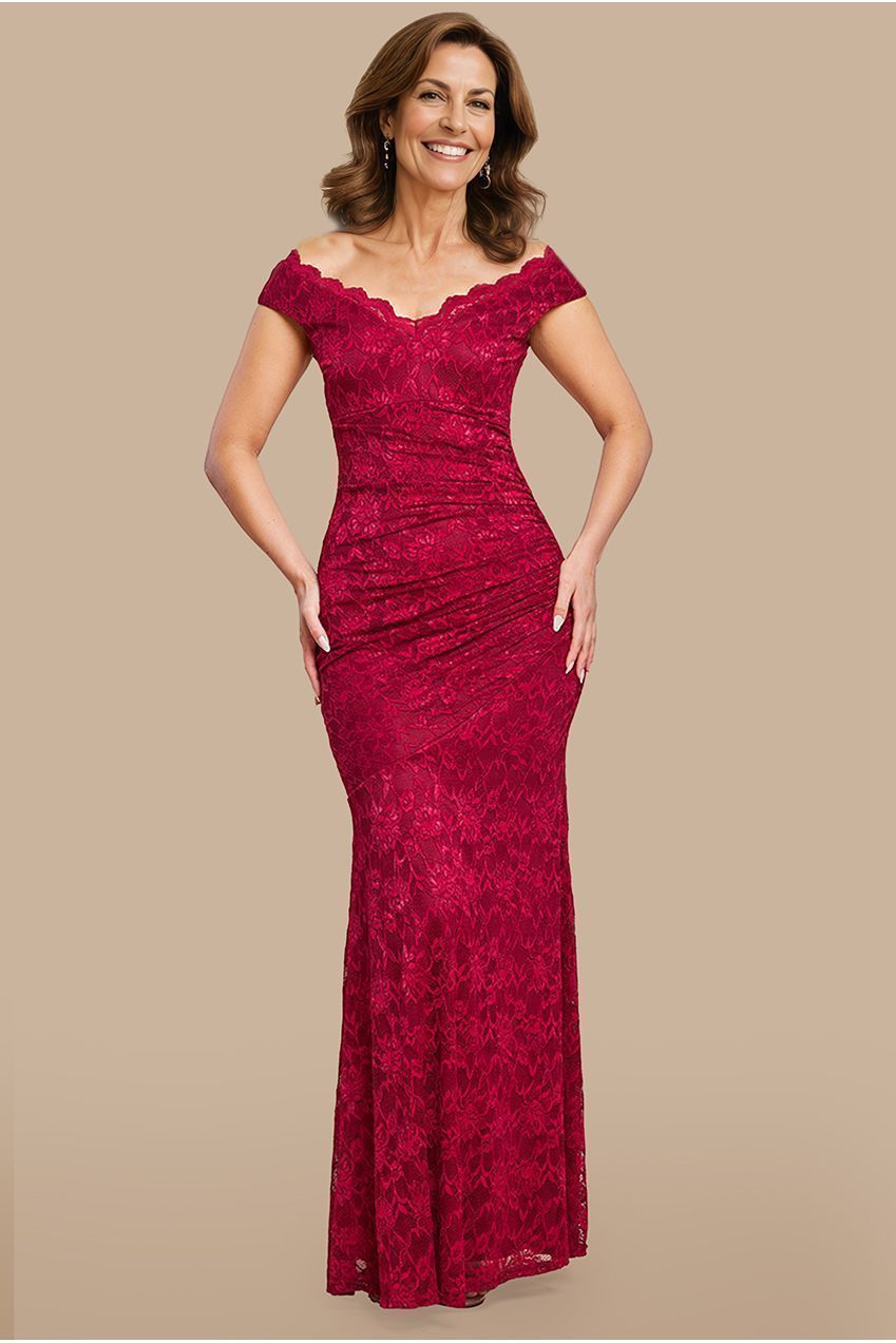 Off The Shoulder Scalloped Neck Maxi Dress - Wine DR4600M