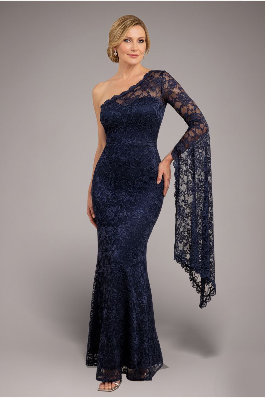 One Shoulder Scalloped Neck Maxi Dress - Navy Blue DR4601M