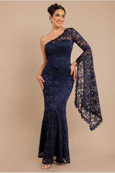 One Shoulder Scalloped Neck Maxi Dress - Navy Blue by Goddiva