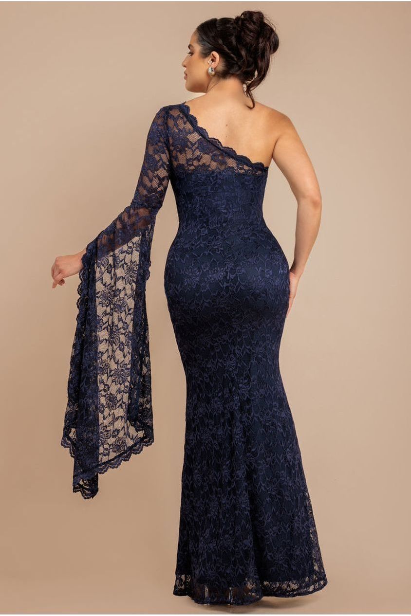 One Shoulder Scalloped Neck Maxi Dress - Navy Blue DR4601