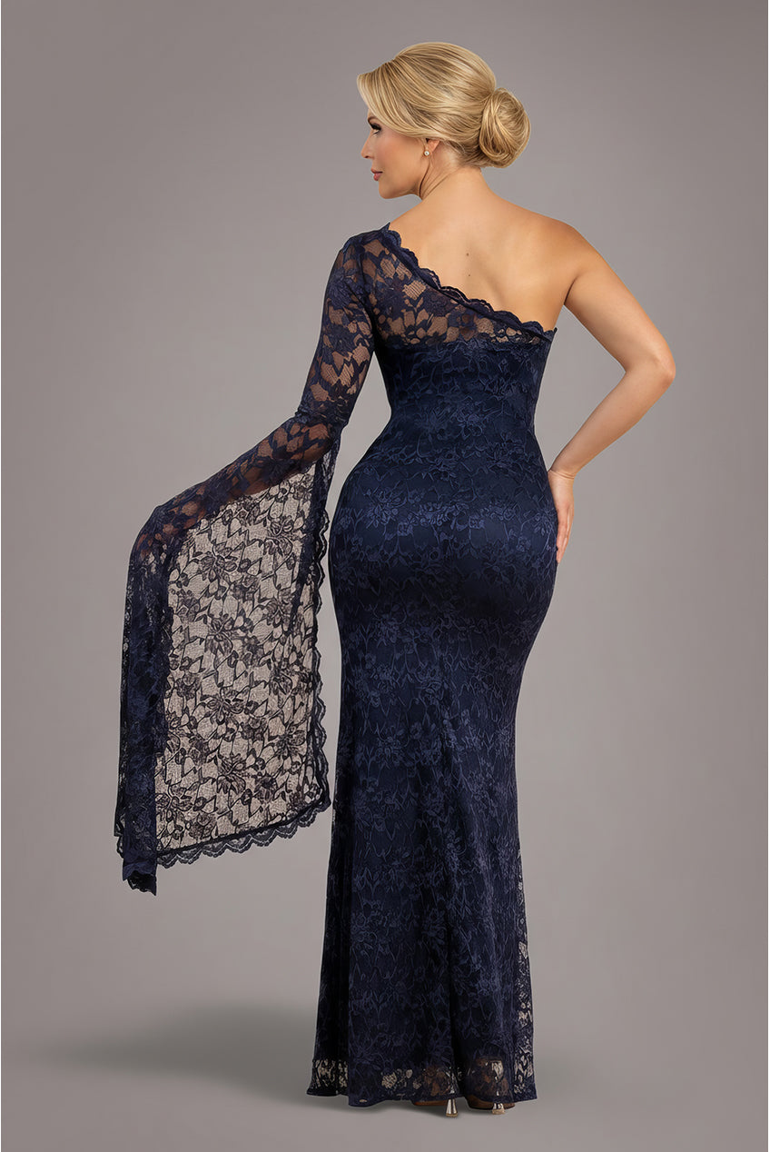 One Shoulder Scalloped Neck Maxi Dress - Navy Blue DR4601M