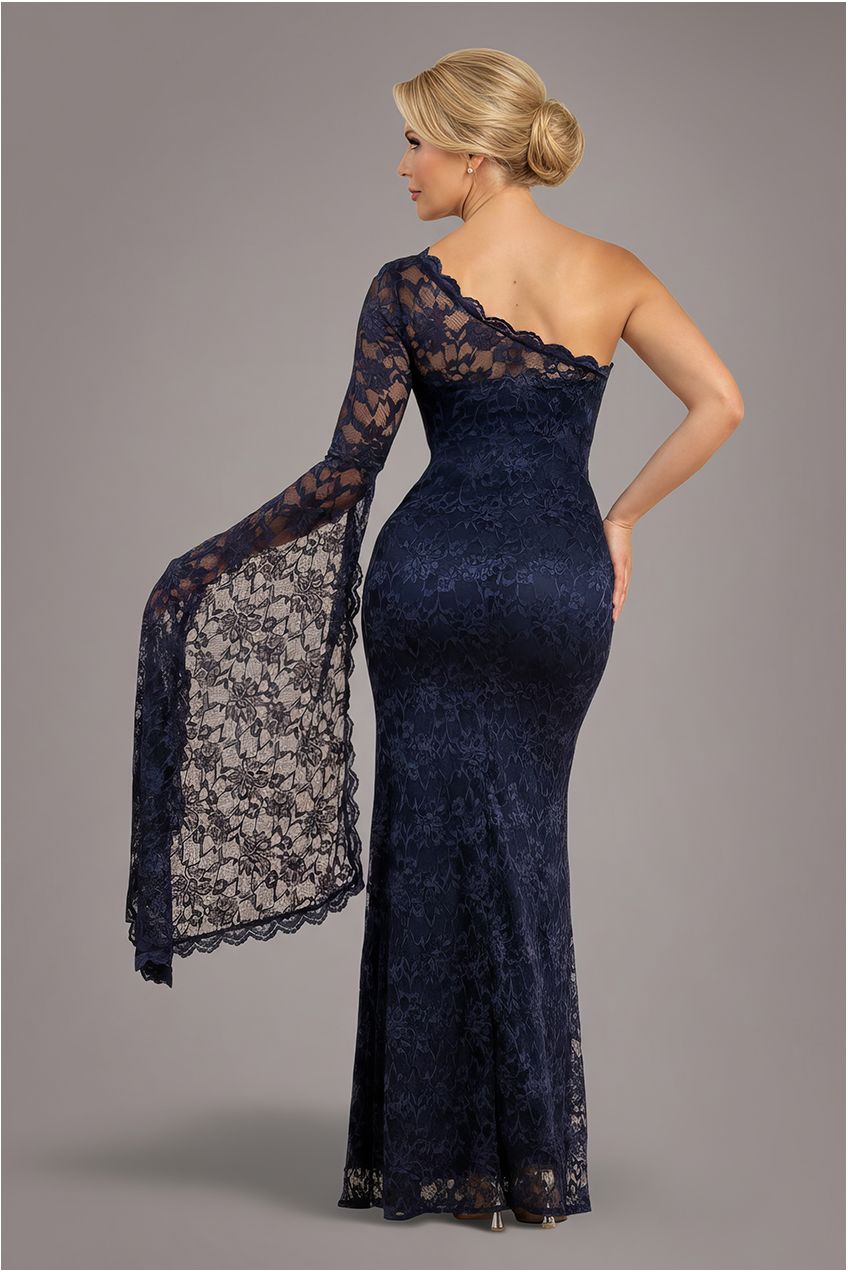 One Shoulder Scalloped Neck Maxi Dress - Navy Blue DR4601M
