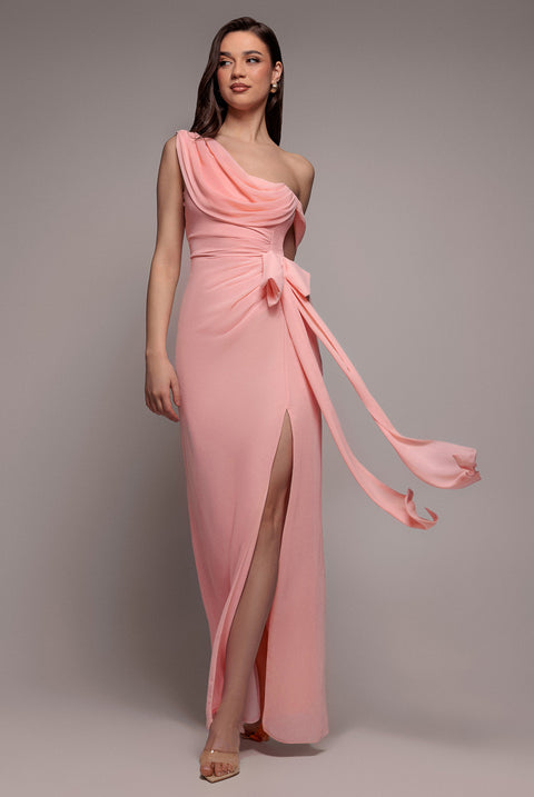One Shoulder Cowl With Bow Detail Maxi Dress - Blush Pink by Goddiva