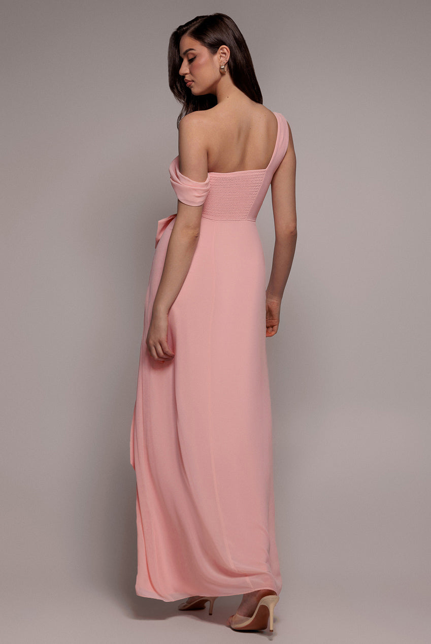 One Shoulder Cowl With Bow Detail Maxi Dress - Blush Pink DR4606