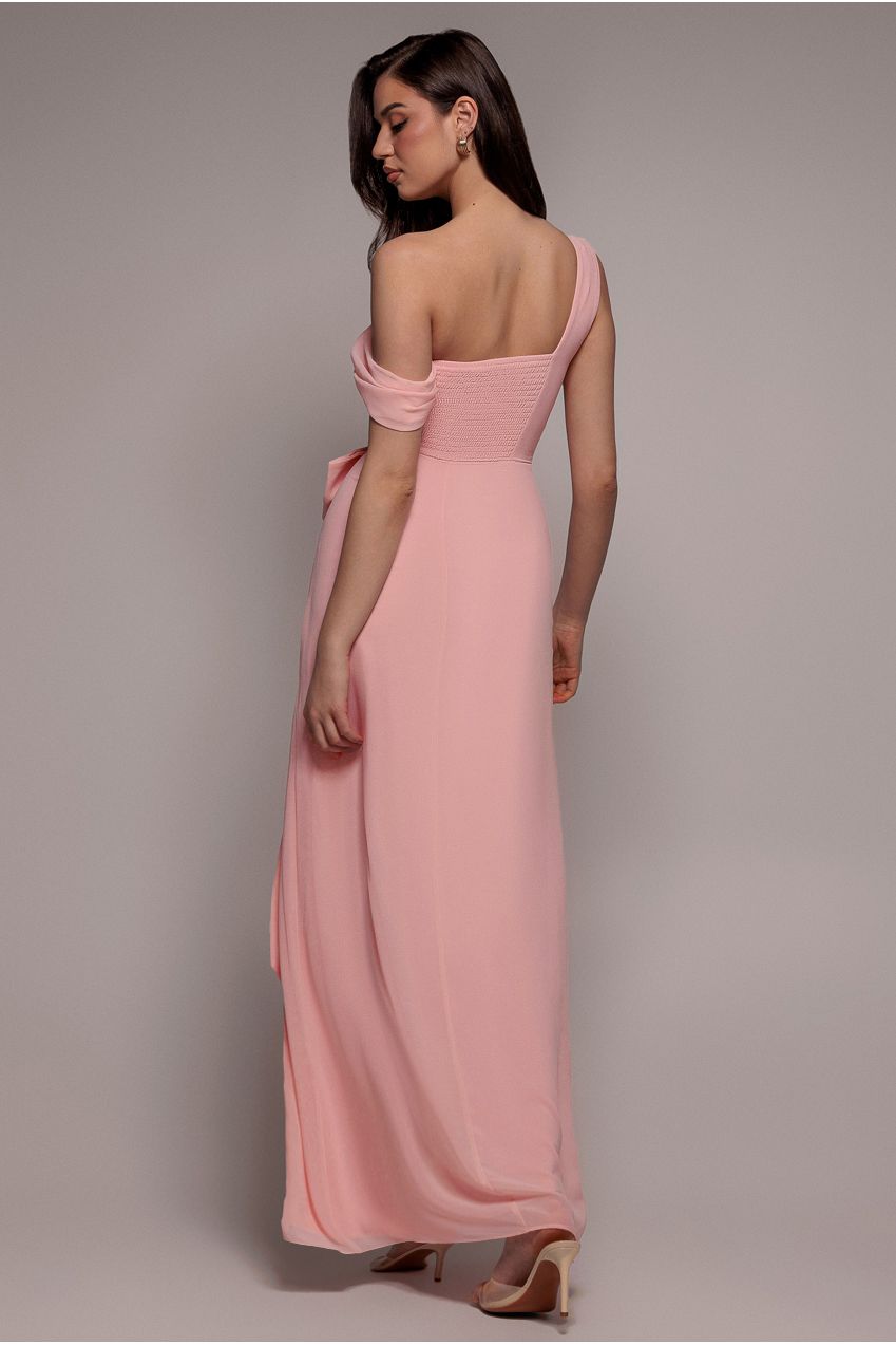 One Shoulder Cowl With Bow Detail Maxi Dress - Blush Pink DR4606
