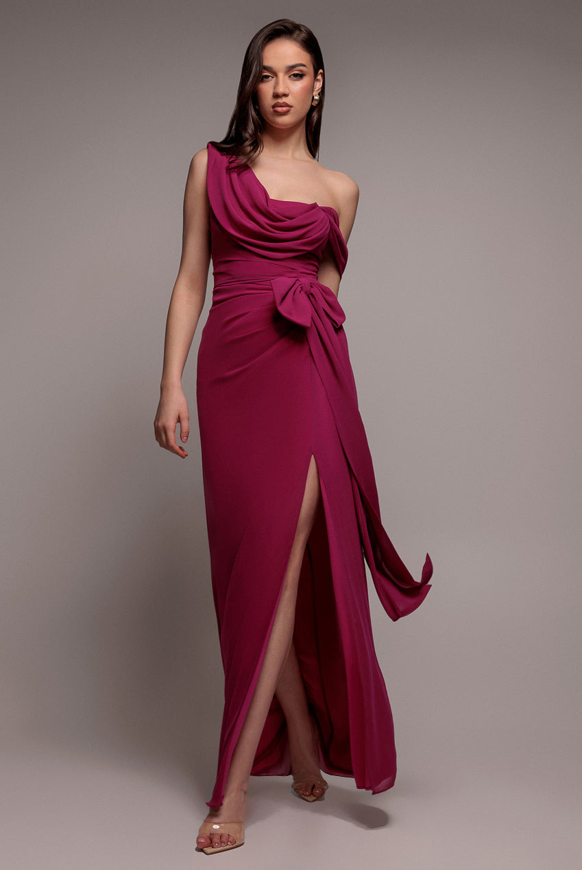 One Shoulder Cowl With Bow Detail Maxi Dress - Magenta DR4606