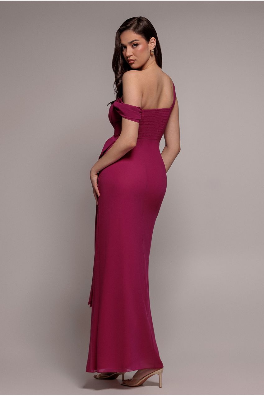 One Shoulder Cowl With Bow Detail Maxi Dress - Magenta DR4606