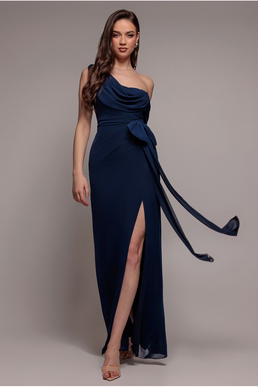 One Shoulder Cowl With Bow Detail Maxi Dress - Navy Blue DR4606
