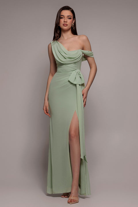 One Shoulder Cowl With Bow Detail Maxi Dress - Sage Green by Goddiva