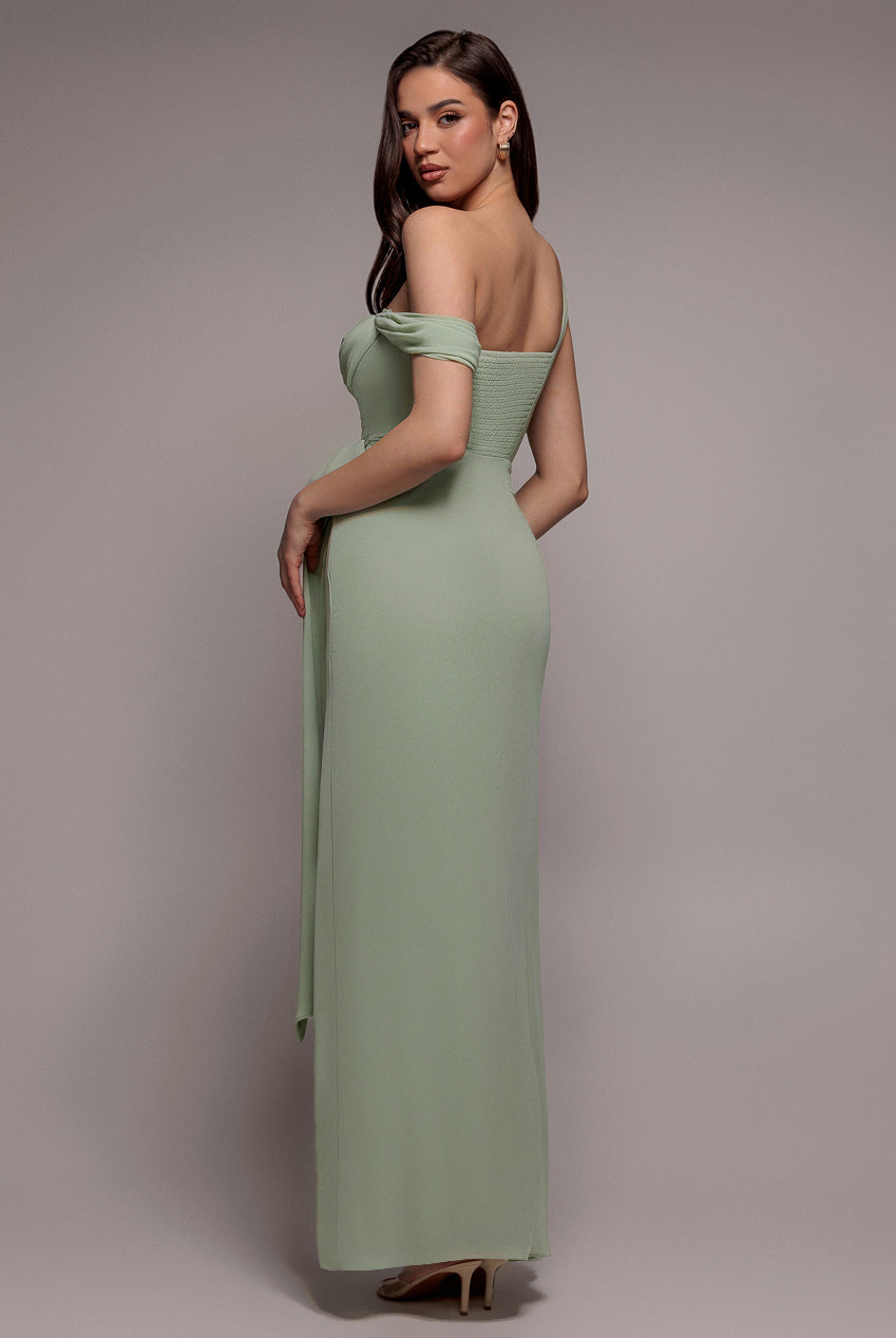 One Shoulder Cowl With Bow Detail Maxi Dress - Sage Green DR4606