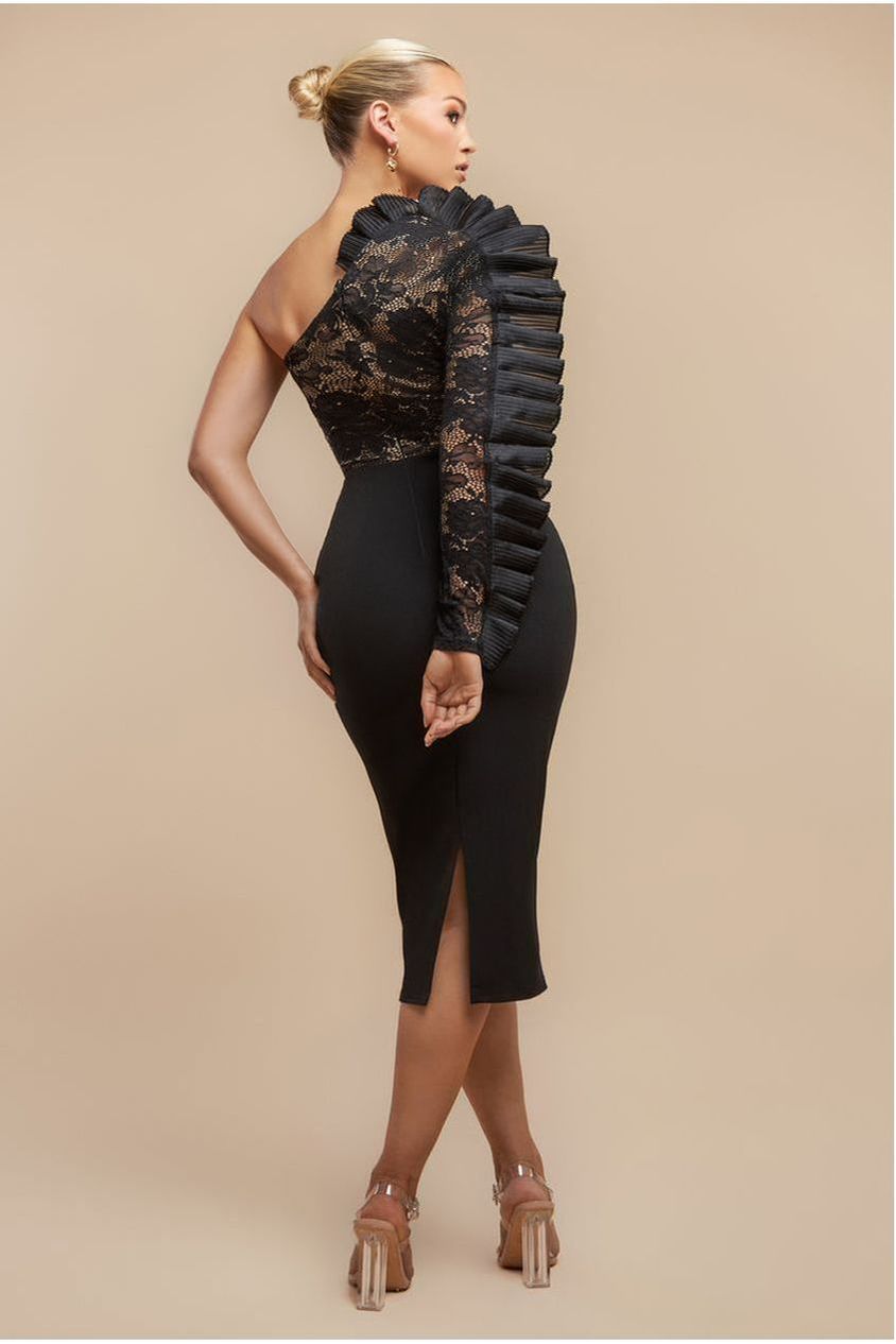 One Shoulder Organza Fan Detail Lace Bodice Midi Dress - Black DR4607