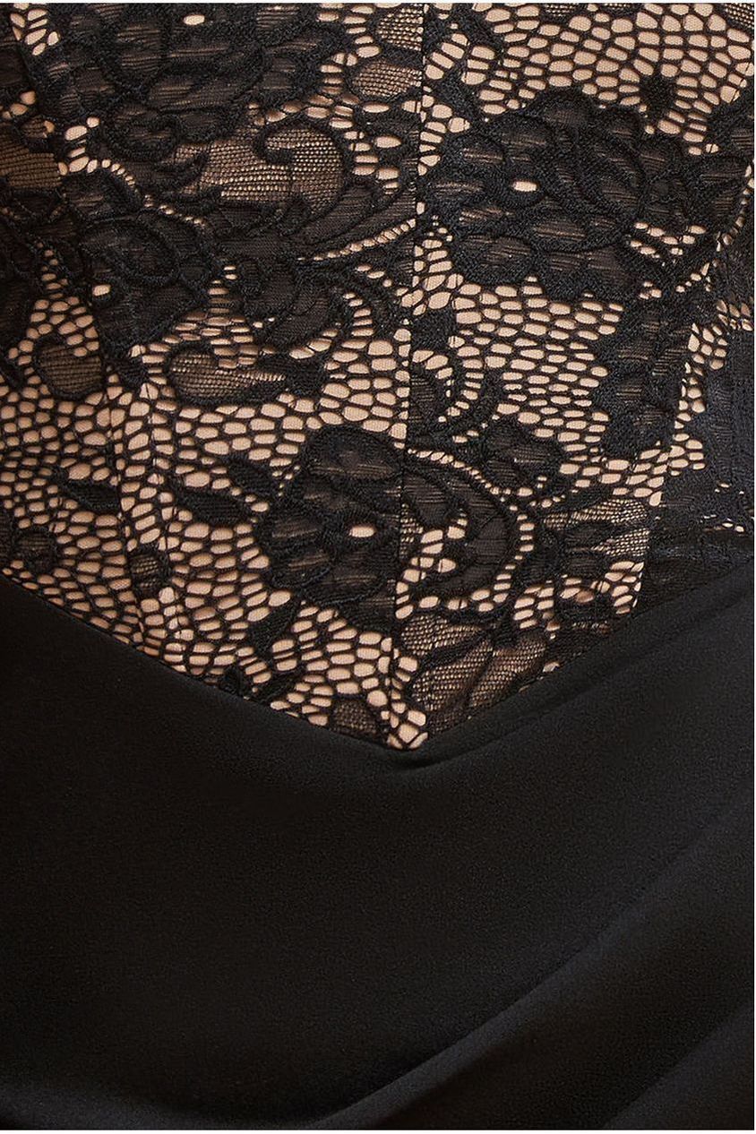 One Shoulder Organza Fan Detail Lace Bodice Midi Dress - Black DR4607