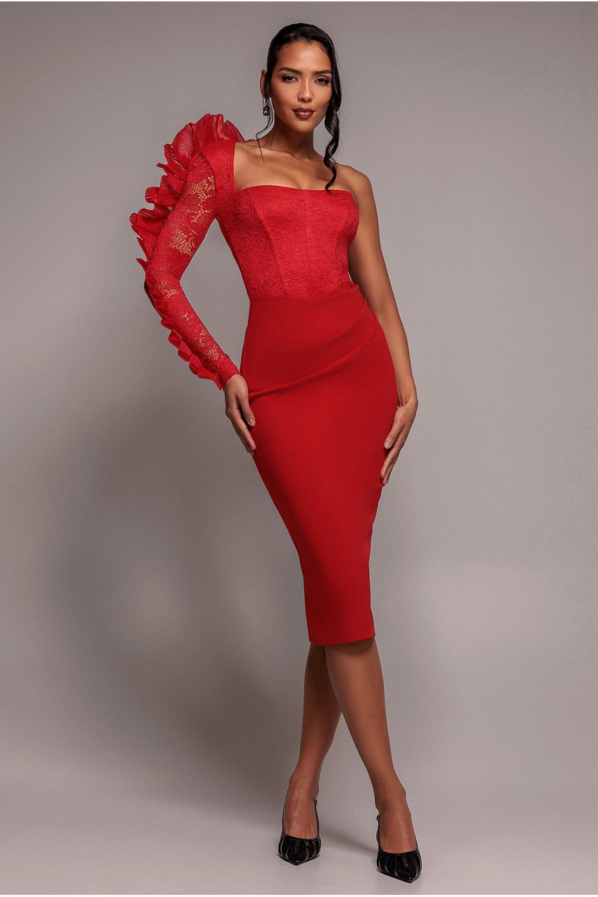 One Shoulder Organza Fan Detail Lace Bodice Midi Dress - Red | Goddiva One Shoulder Organza Fan Detail Lace Bodice Midi Dress - Red | Goddiva