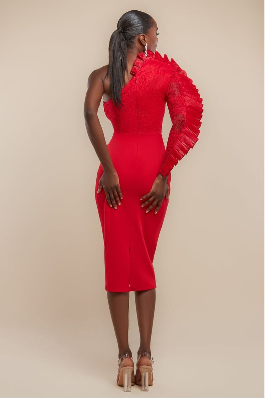 One Shoulder Organza Fan Detail Lace Bodice Midi Dress - Red DR4607