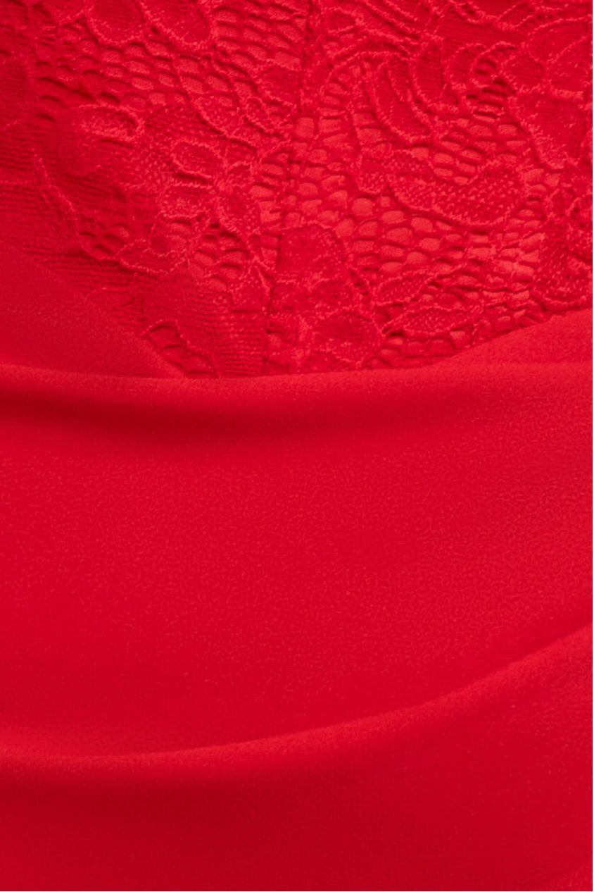 One Shoulder Organza Fan Detail Lace Bodice Midi Dress - Red DR4607