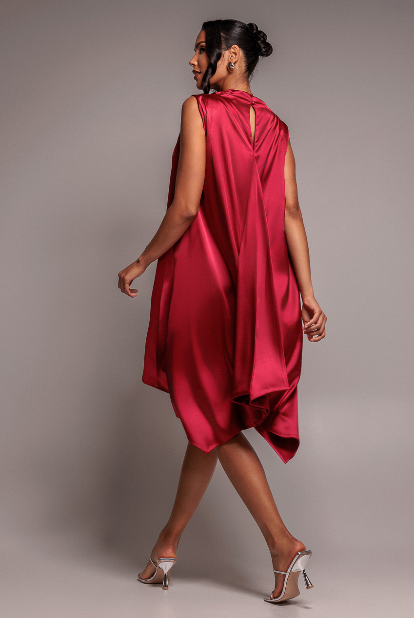 Cowl Neck Back Wing Satin High Low Midi Dress - Berry DR4608