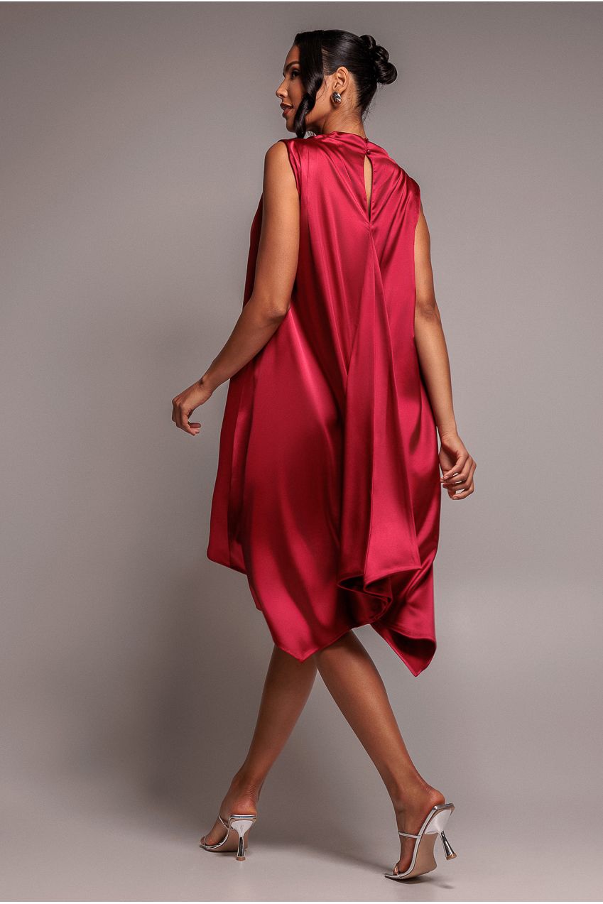 Cowl Neck Back Wing Satin High Low Midi Dress - Berry DR4608