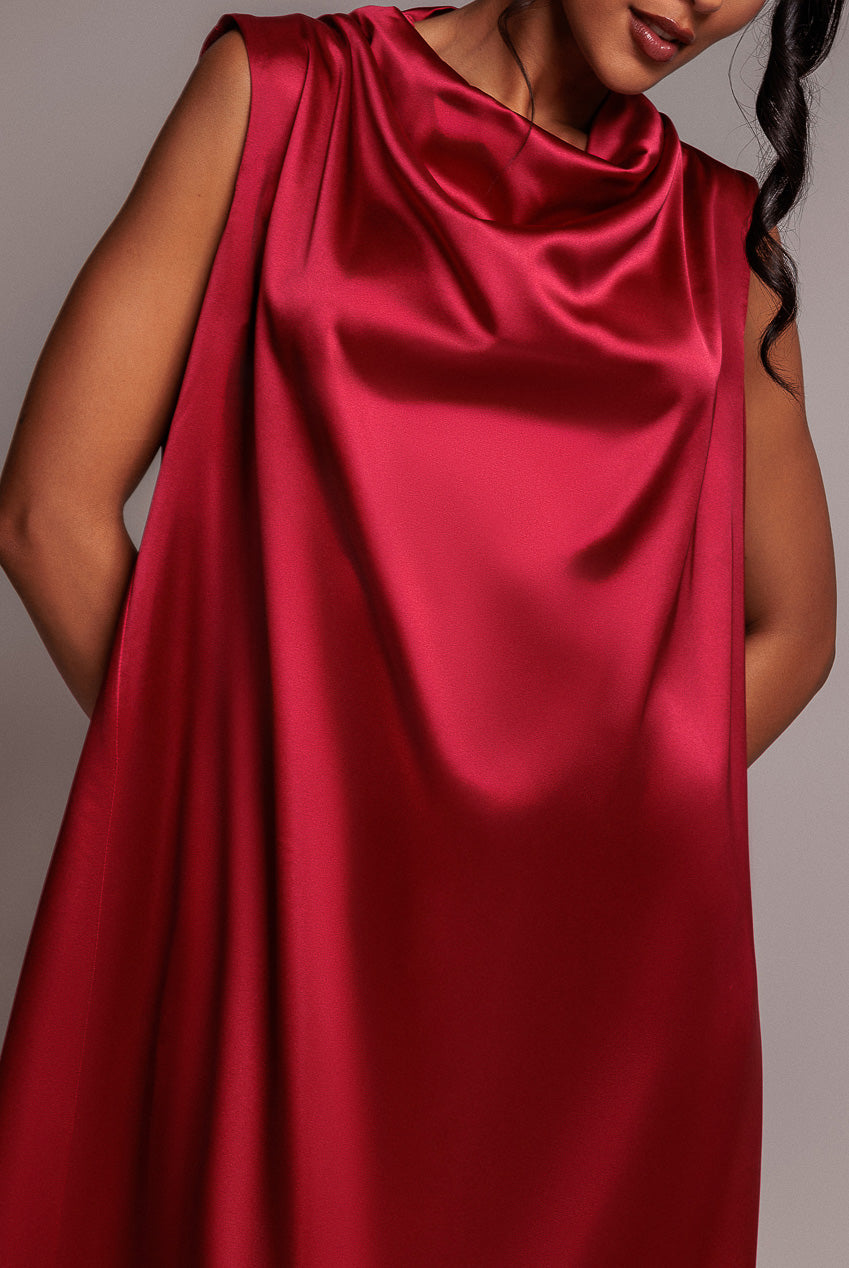 Cowl Neck Back Wing Satin High Low Midi Dress - Berry DR4608