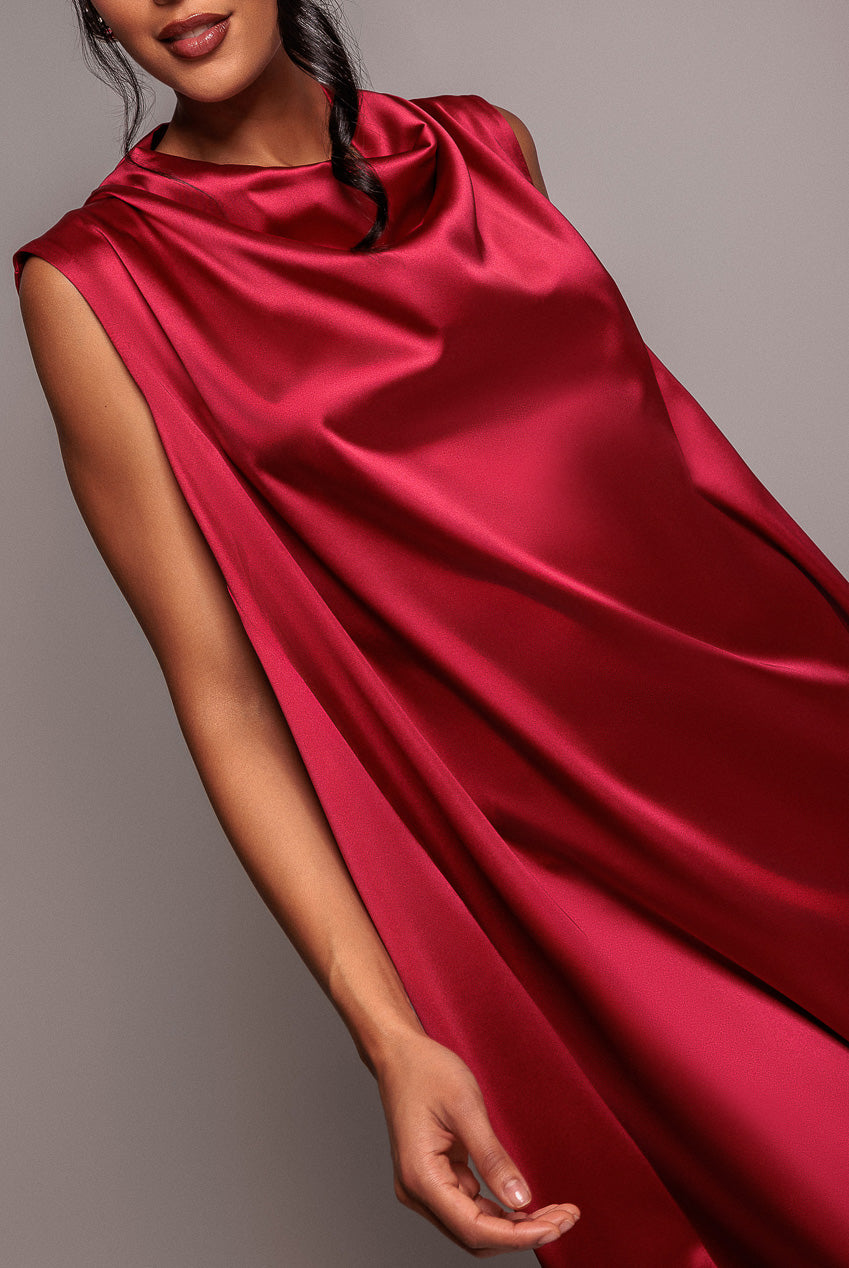 Cowl Neck Back Wing Satin High Low Midi Dress - Berry DR4608
