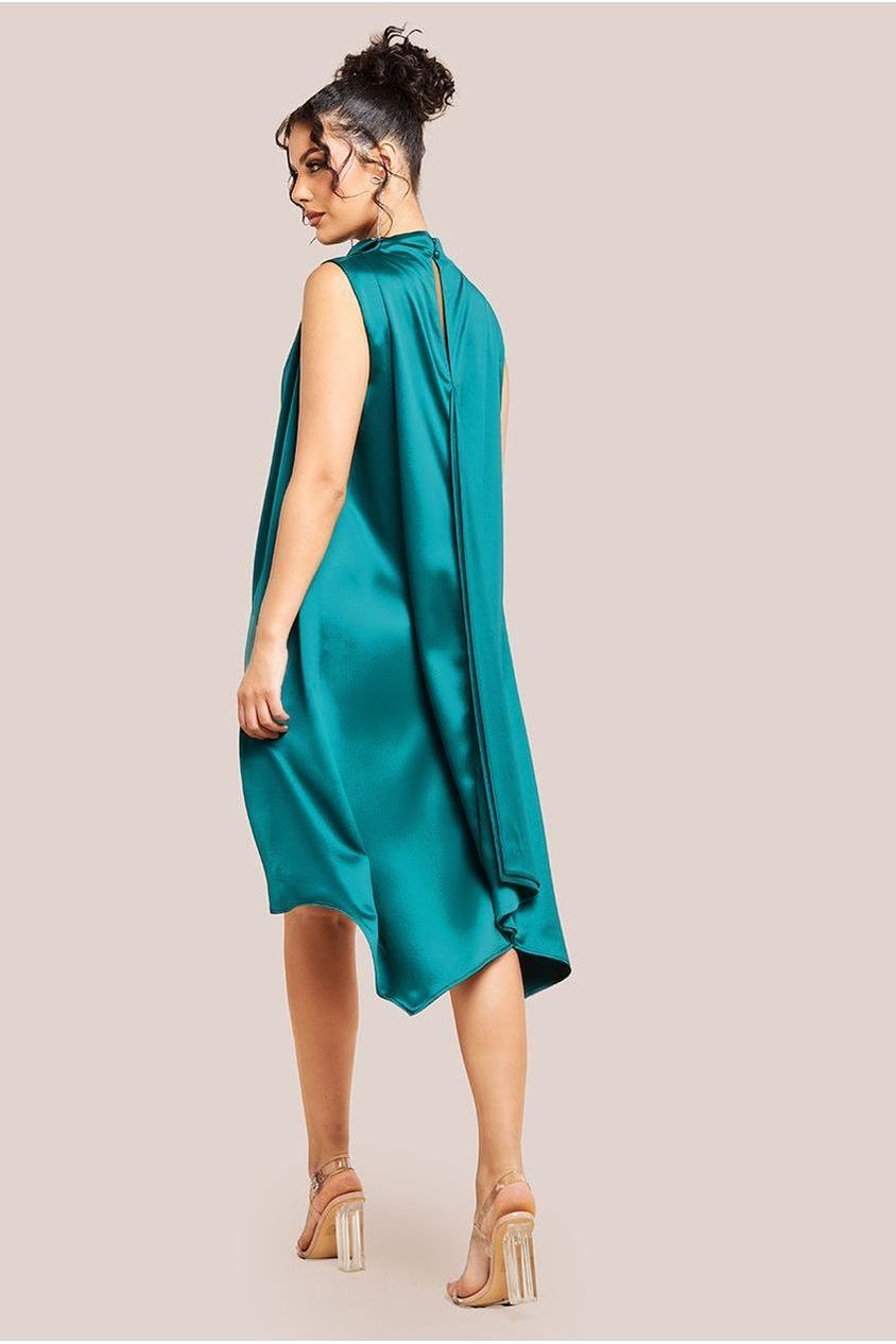 Cowl Neck Back Wing Satin High Low Midi Dress - Emerald Green DR4608