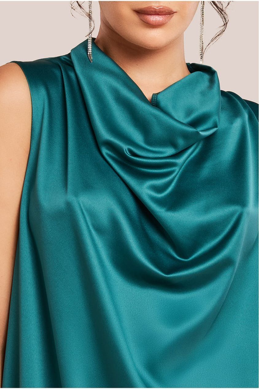 Cowl Neck Back Wing Satin High Low Midi Dress - Emerald Green DR4608