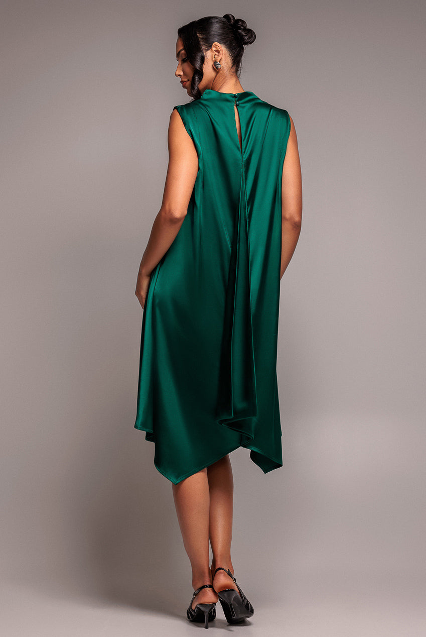 Cowl Neck Back Wing Satin High Low Midi Dress - Emerald Green DR4608