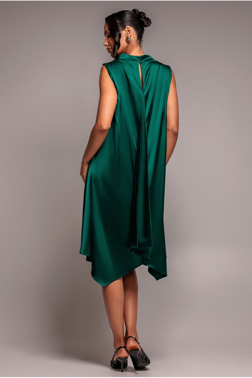 Cowl Neck Back Wing Satin High Low Midi Dress - Emerald Green DR4608