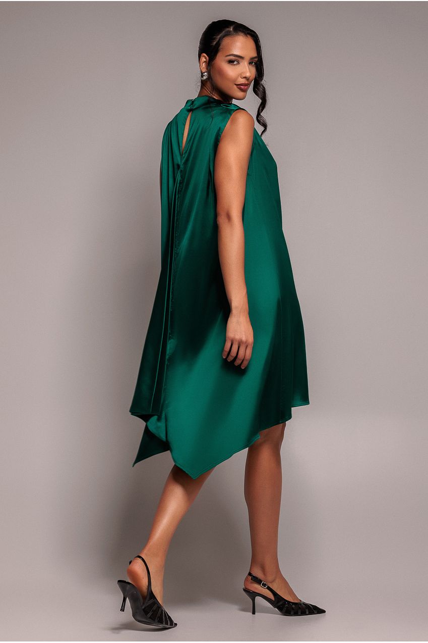 Cowl Neck Back Wing Satin High Low Midi Dress - Emerald Green DR4608