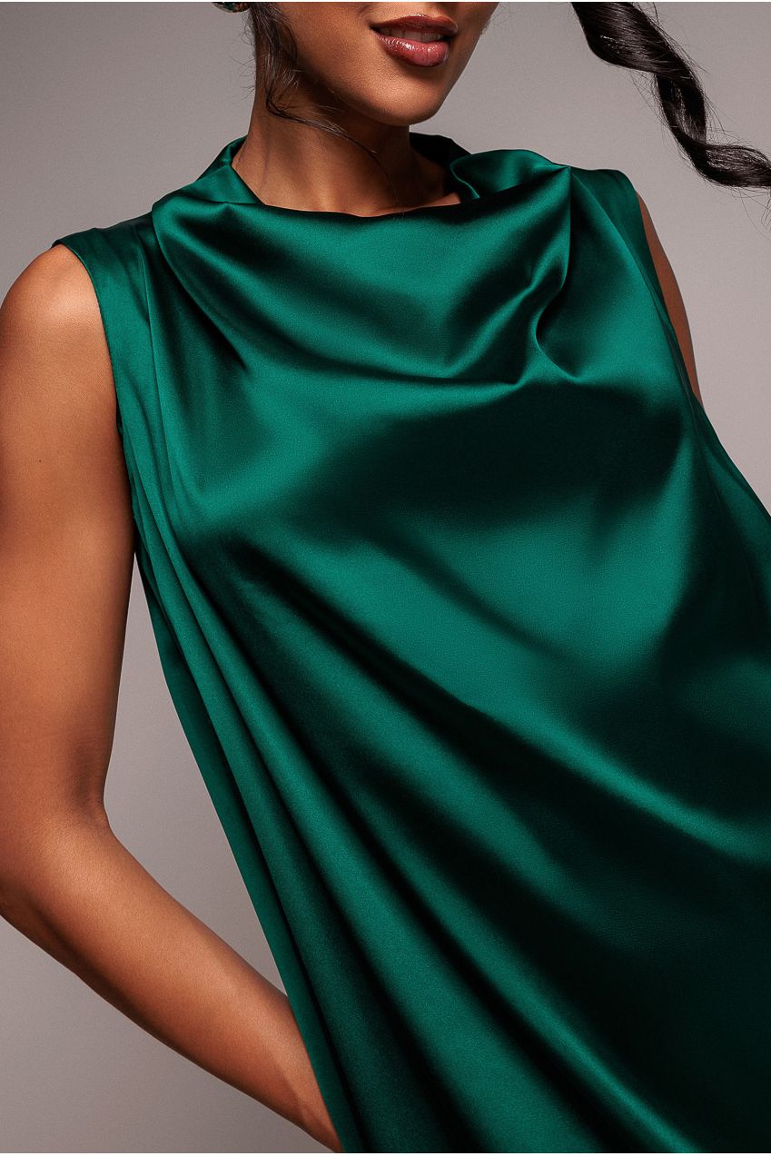 Cowl Neck Back Wing Satin High Low Midi Dress - Emerald Green DR4608