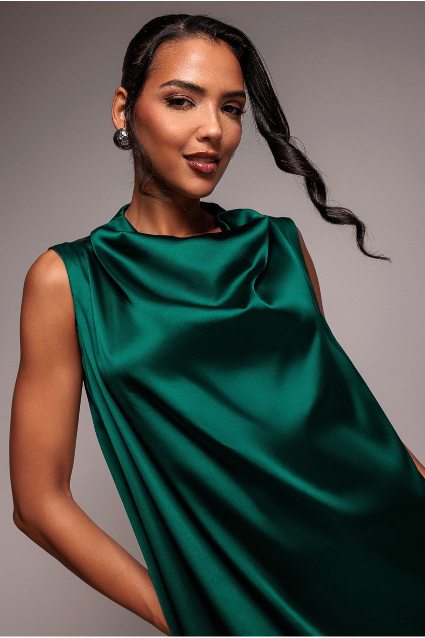 Cowl Neck Back Wing Satin High Low Midi Dress - Emerald Green DR4608