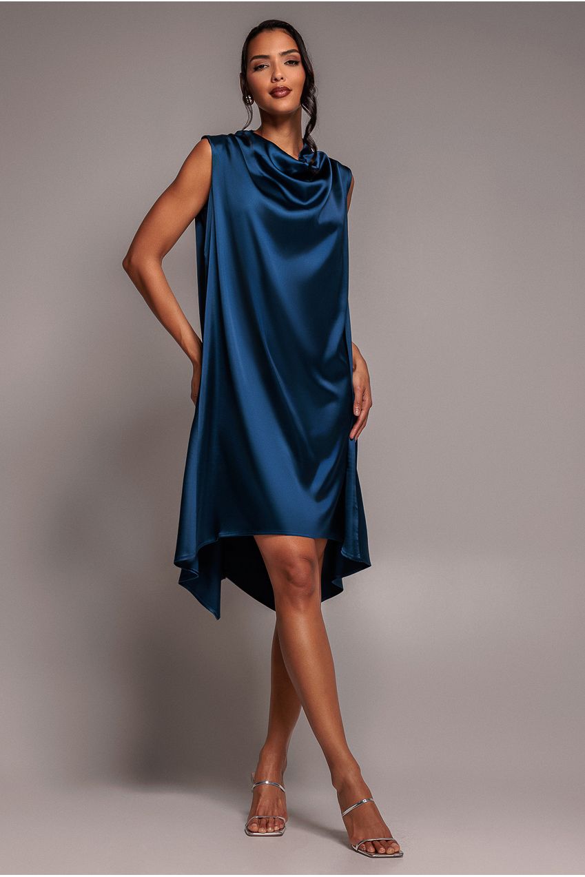 Cowl Neck Back Wing Satin High Low Midi Dress - Navy Blue DR4608