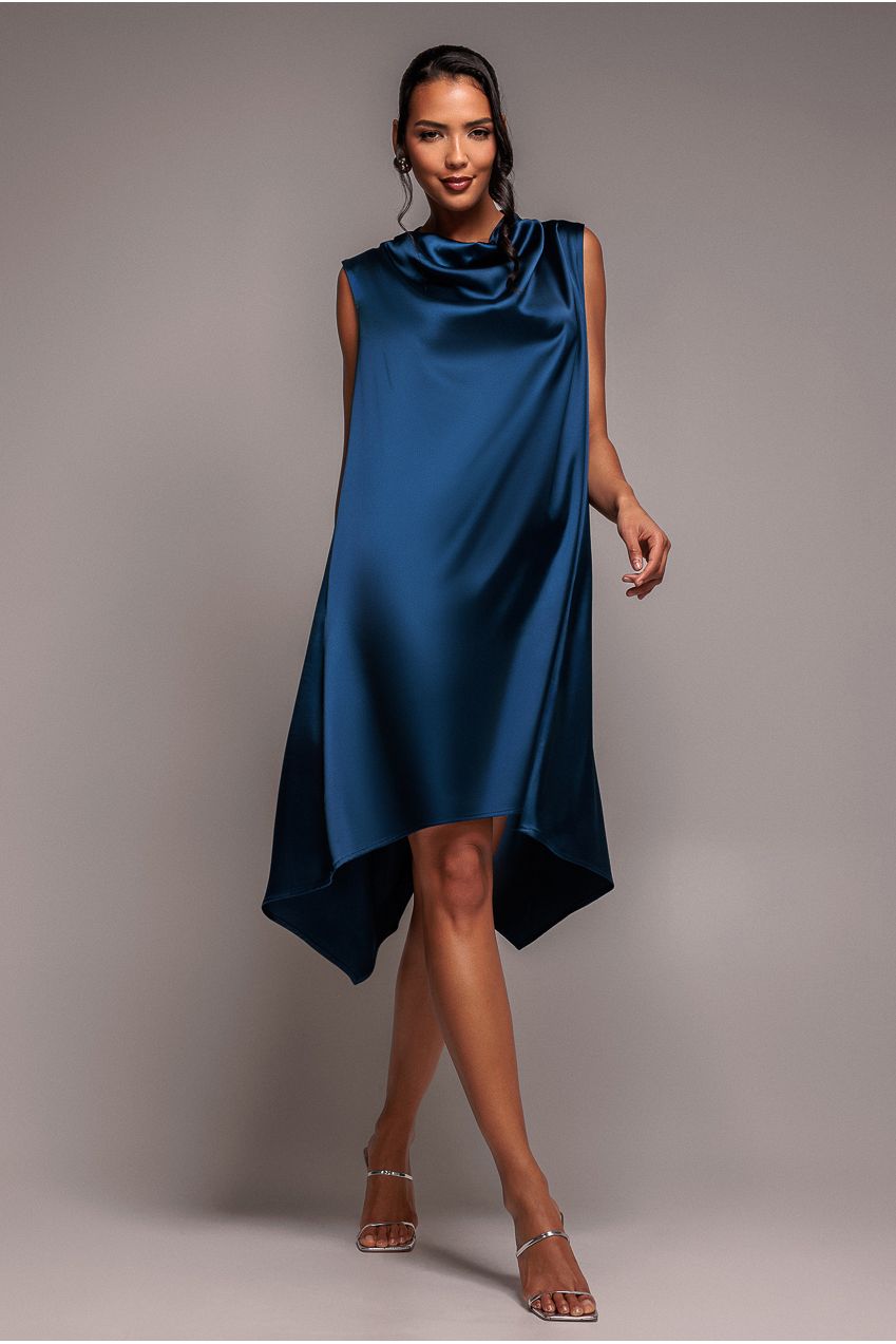 Cowl Neck Back Wing Satin High Low Midi Dress - Navy Blue DR4608