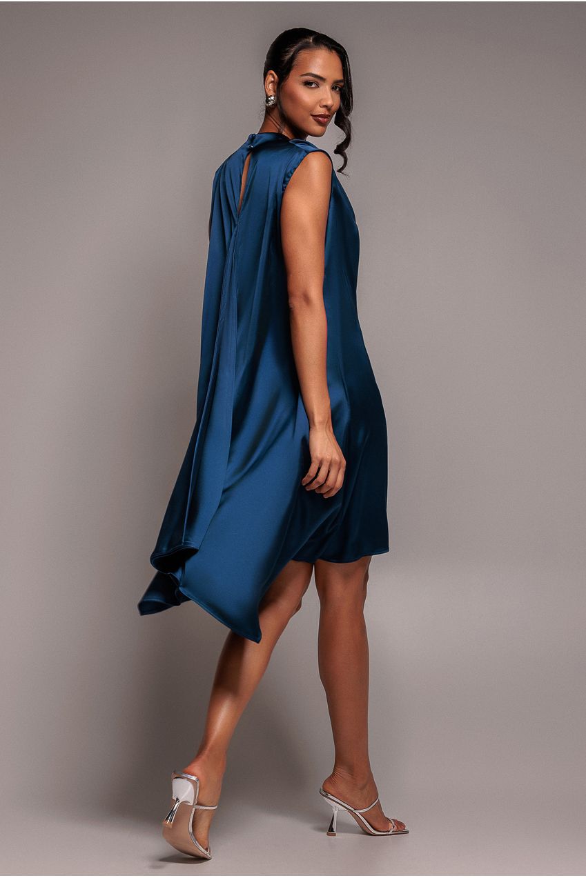 Cowl Neck Back Wing Satin High Low Midi Dress - Navy Blue DR4608
