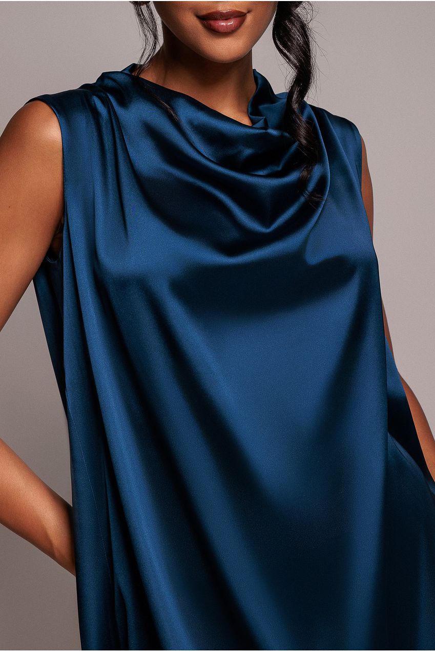 Cowl Neck Back Wing Satin High Low Midi Dress - Navy Blue DR4608