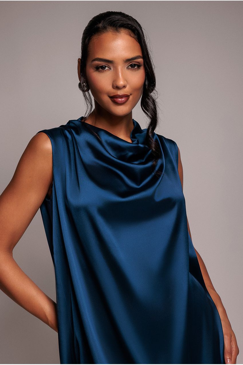 Cowl Neck Back Wing Satin High Low Midi Dress - Navy Blue DR4608