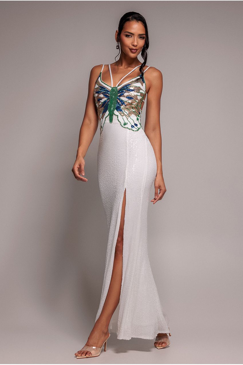 Sequin Butterfly Front Split Maxi Dress - White DR4609