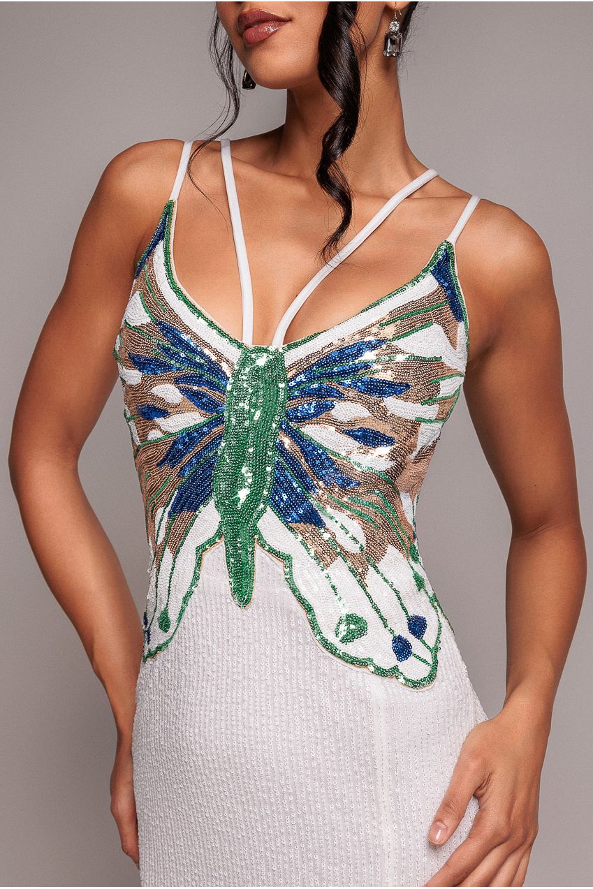 Sequin Butterfly Front Split Maxi Dress - White DR4609