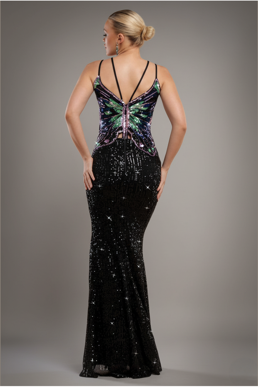 Sequin Butterfly Front Split Maxi Dress - Black DR4609
