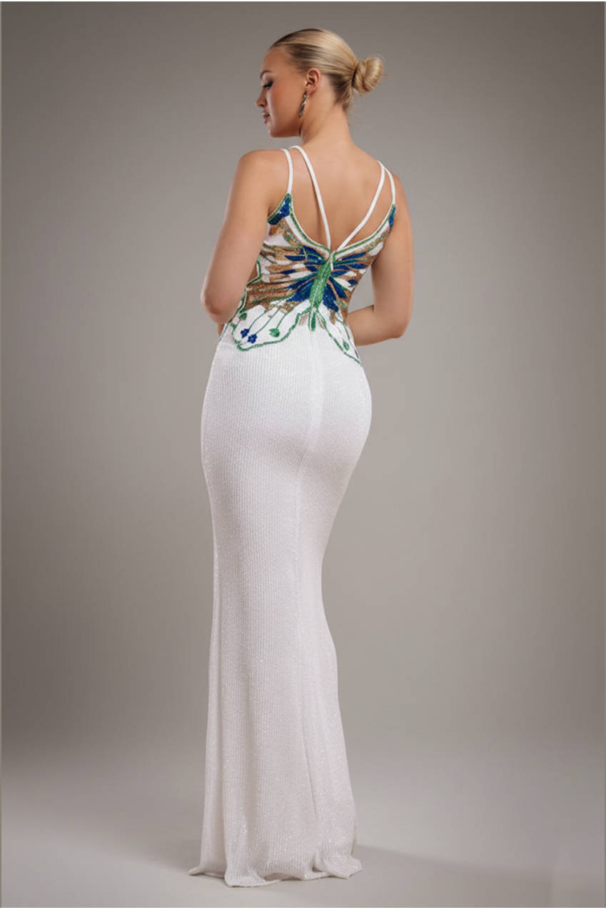 Sequin Butterfly Front Split Maxi Dress - White DR4609