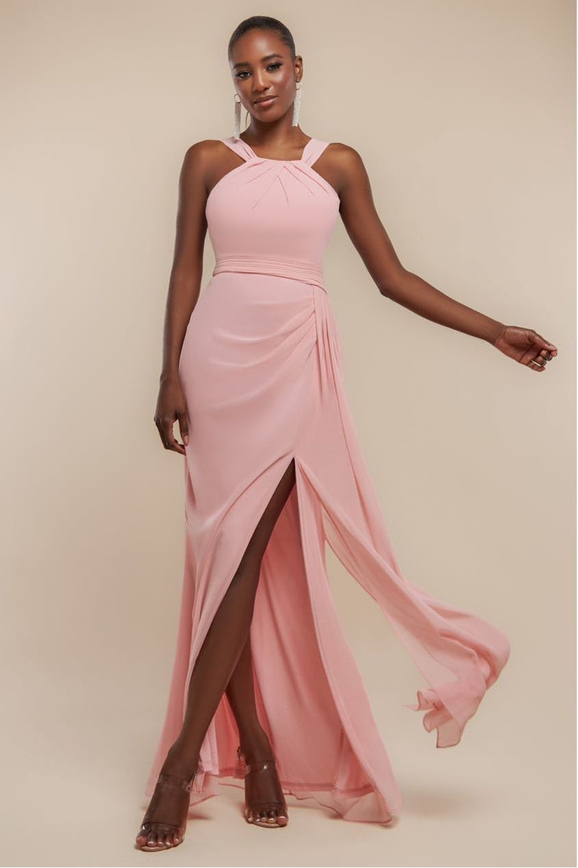 Halterneck Thigh Split Chiffon Maxi Dress - Blush Pink DR4610