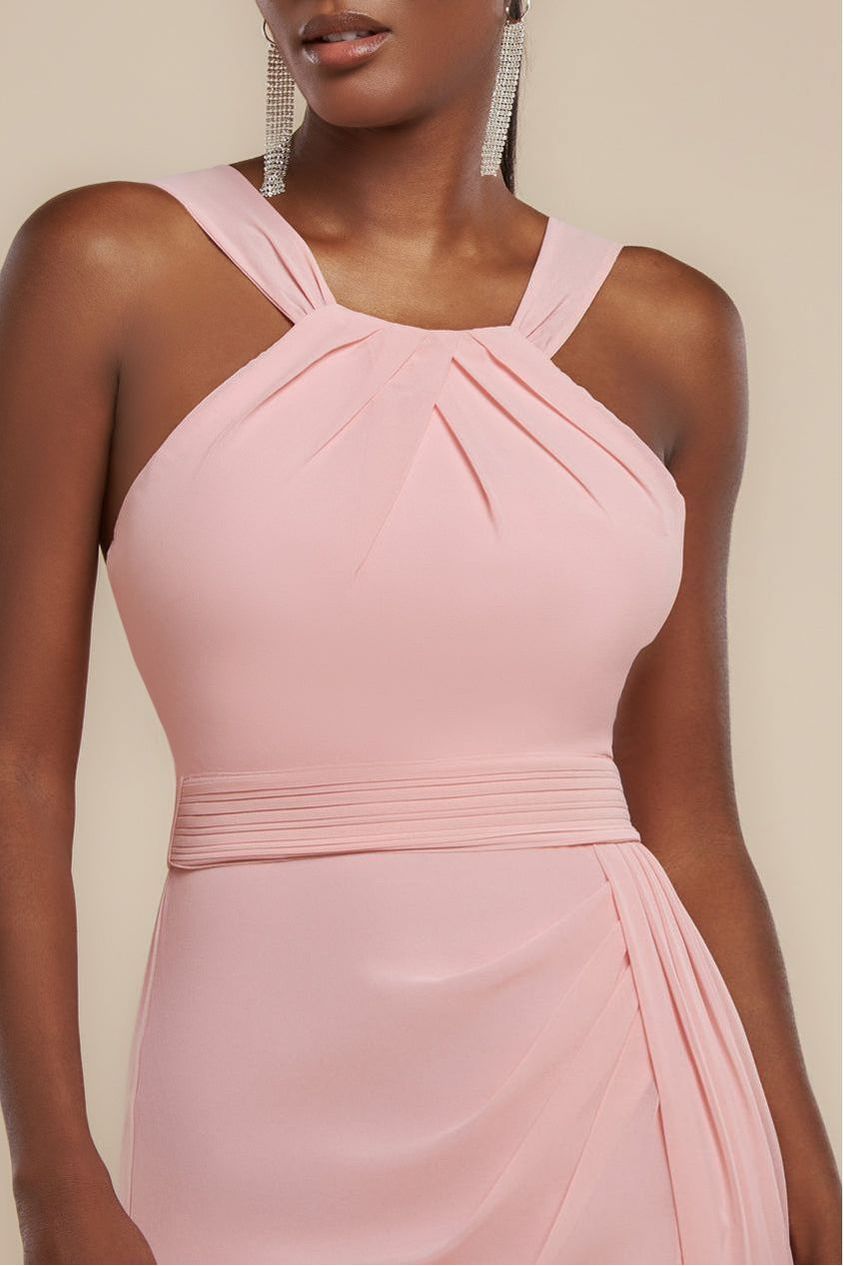 Halterneck Thigh Split Chiffon Maxi Dress - Blush Pink DR4610