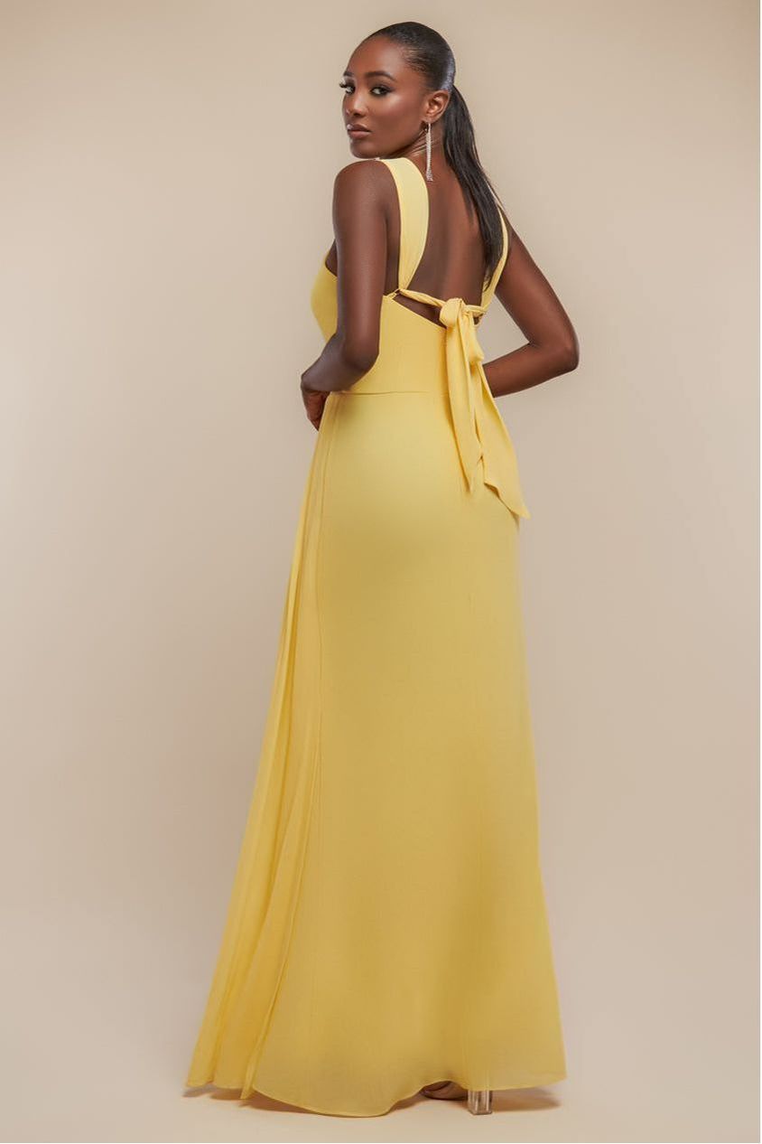 Halterneck Thigh Split Chiffon Maxi Dress - Lemon DR4610