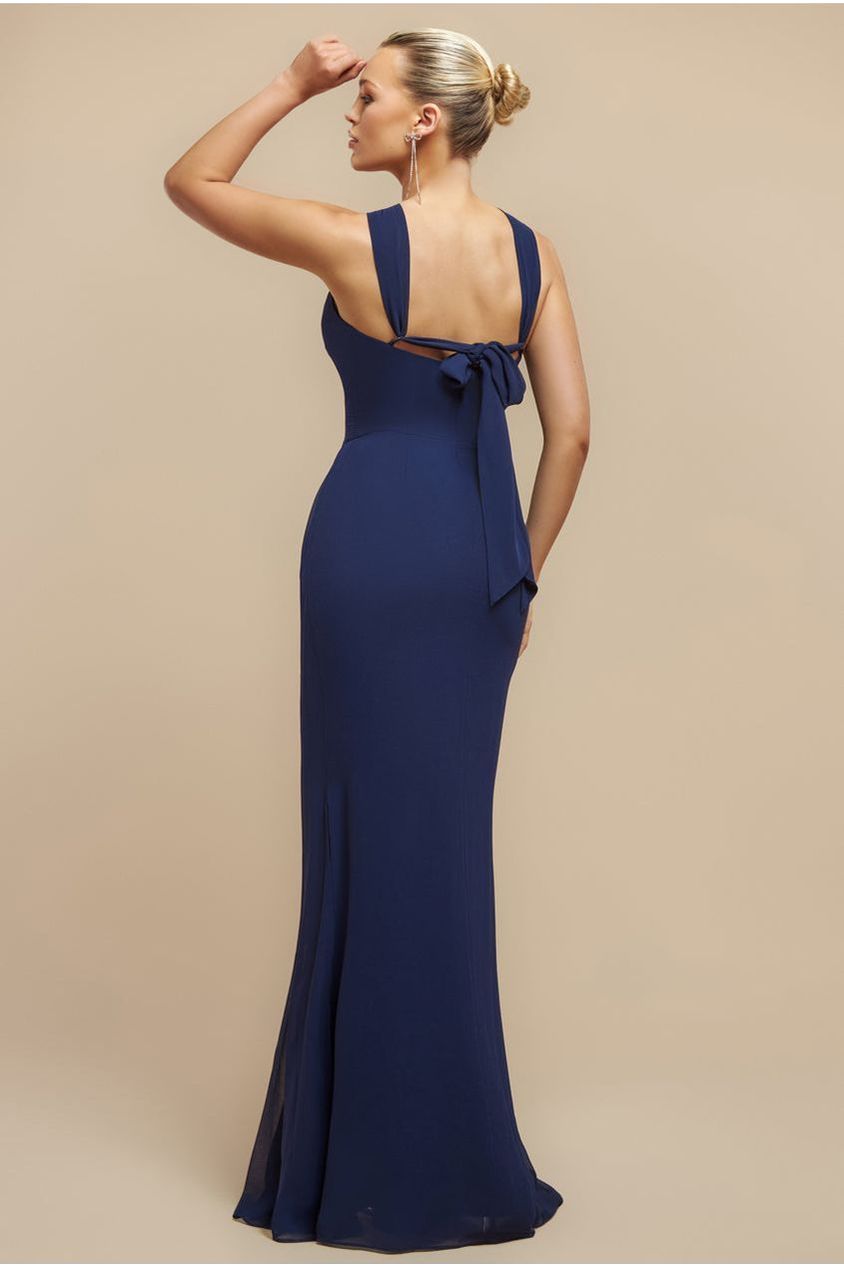 Halterneck Thigh Split Chiffon Maxi Dress - Navy Blue DR4610