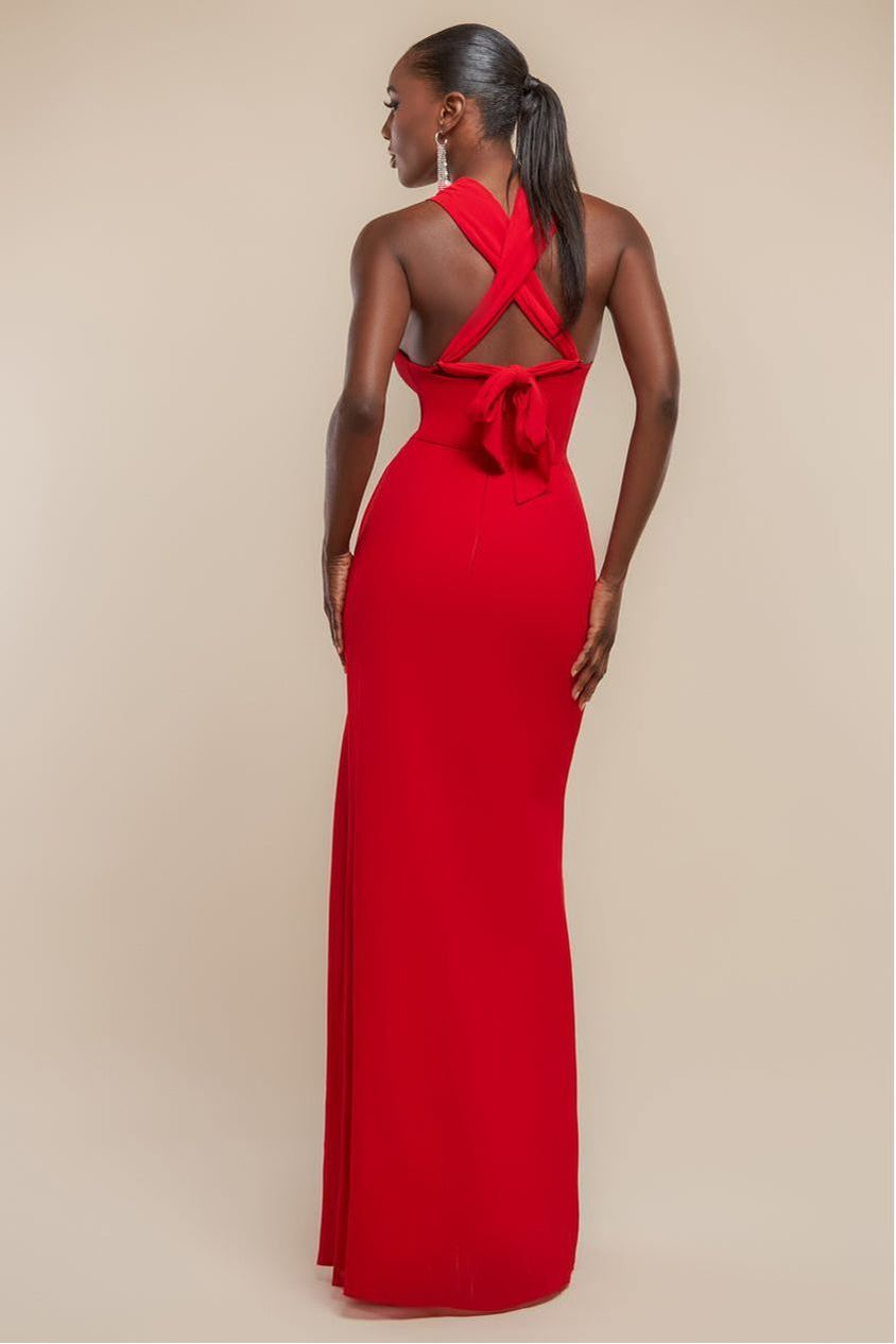Halterneck Thigh Split Chiffon Maxi Dress - Red DR4610