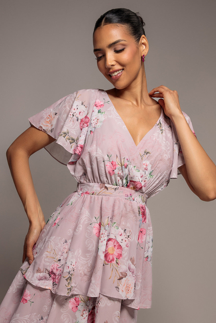 Chiffon Tiered Midi Dress With Elasticated Waist - Blush Pink DR4611BBS