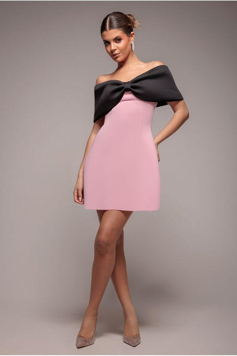 Front Bow Off The Shoulder Mini Dress - Blush Black by Goddiva