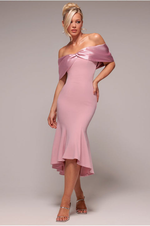 Twist Knot Satin & Scuba Bardot High Low Midi Dress - Blush Pink by Goddiva
