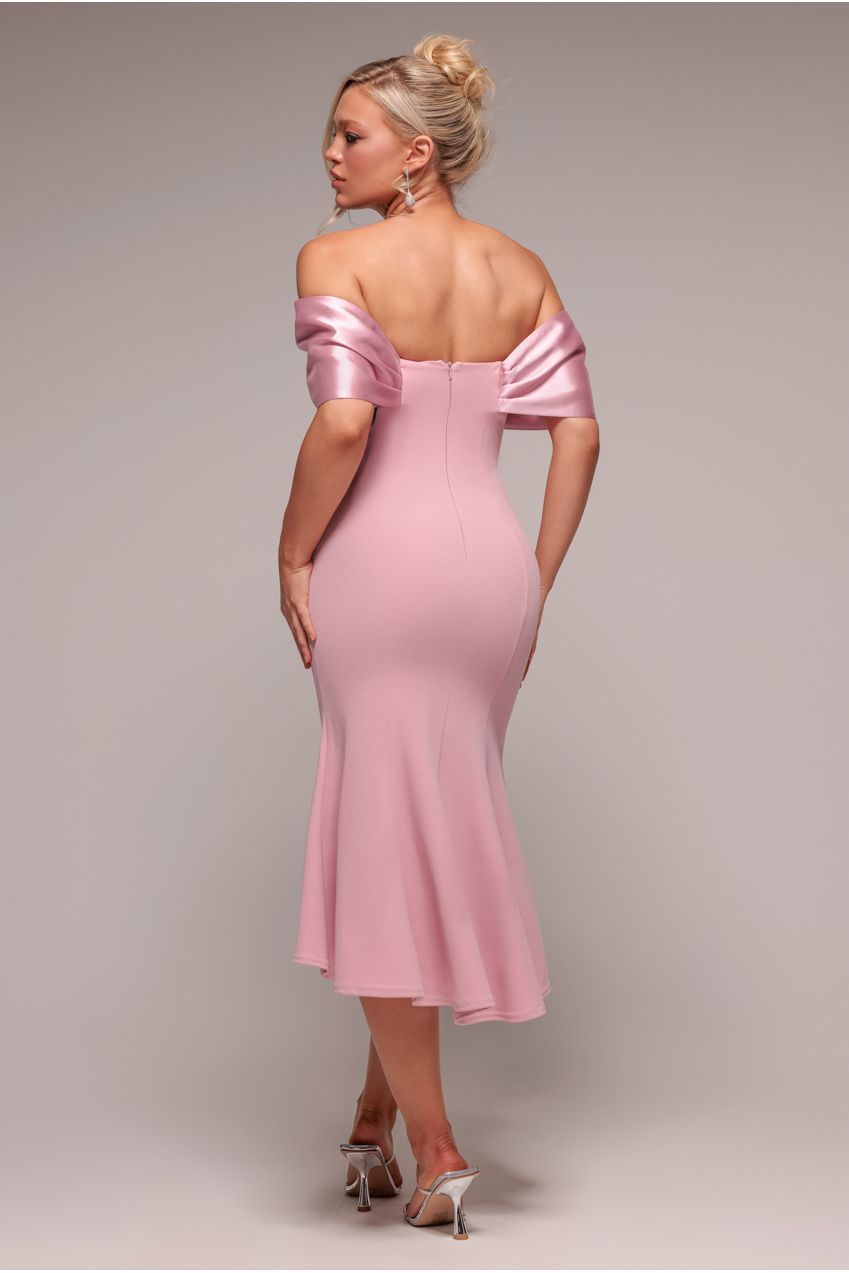 Twist Knot Satin & Scuba Bardot High Low Midi Dress - Blush Pink DR4617